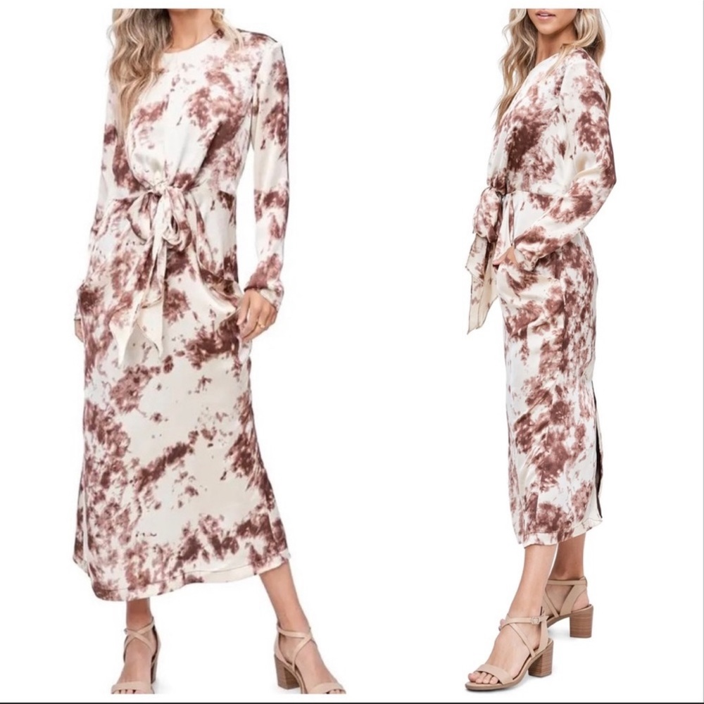 ❌❌❌SOLD❌❌❌ En Saison Tie Dye Brown Satin Long Sleeve Sash Boho Midi Dress Medium